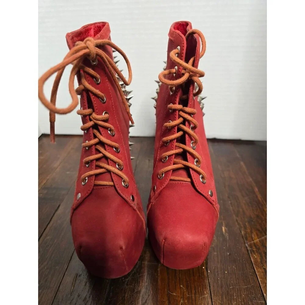 Jeffrey Campbell Red Spiked Lita Platform Lace Up Bootie